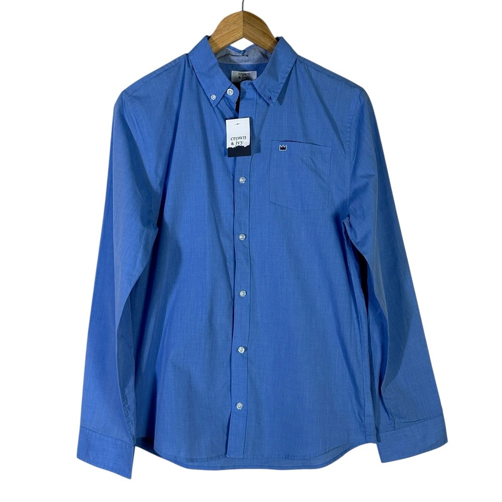 NWT Crown & Ivy Button Down Shirt Boys XL Blue Cotton Long Sleeve Preppy Basic
